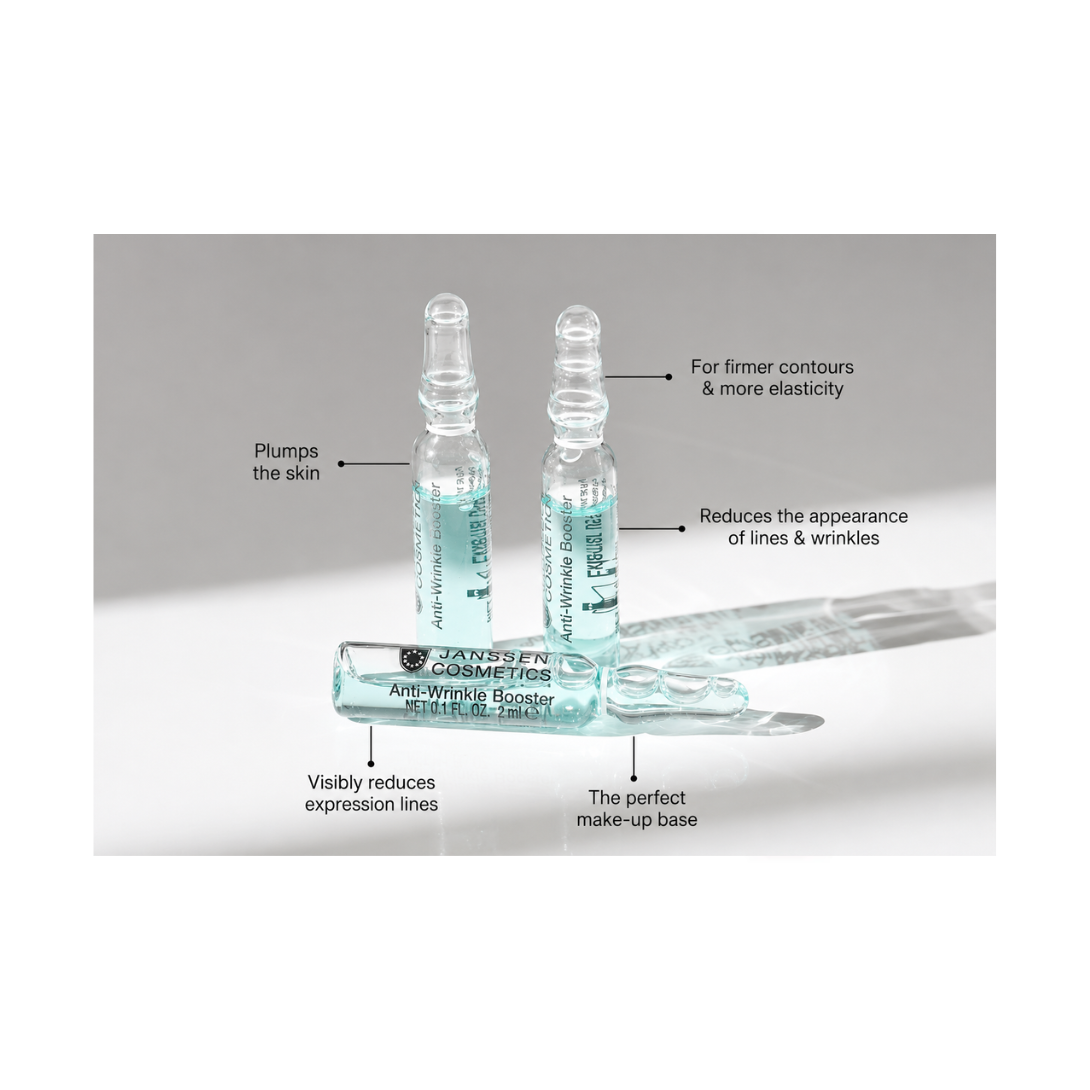 Cosmetic ampoules with text describing their benefits on a gray background