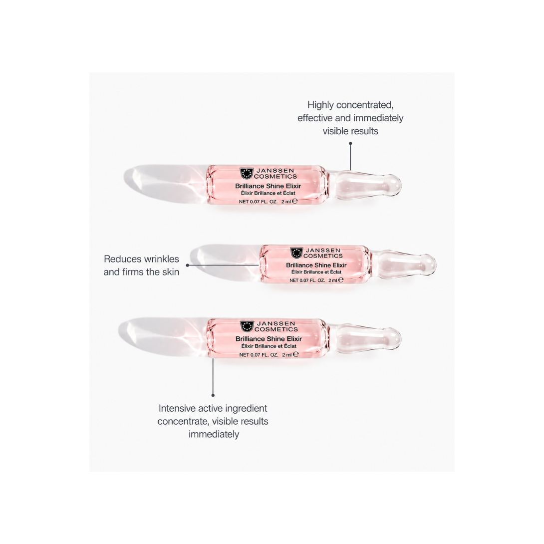 Janssen Cosmetics Brilliance Shine Elixir ampoules on a white background with text describing benefits.