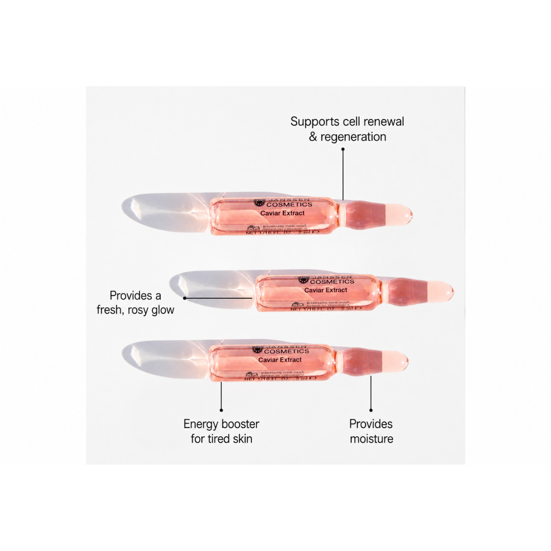 Cosmetic serum bottles with text describing their benefits on a white background