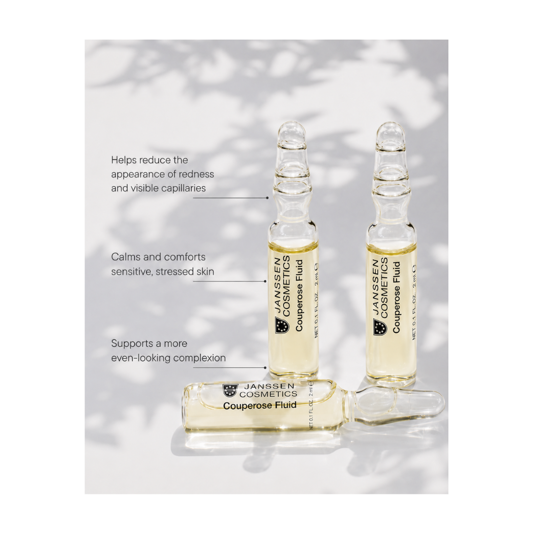 Janssen Cosmetics Couperose Fluid ampoules with text on a blurred natural background