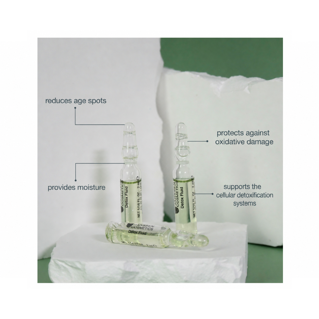 Two glass ampoules with labels on a white surface with a green background