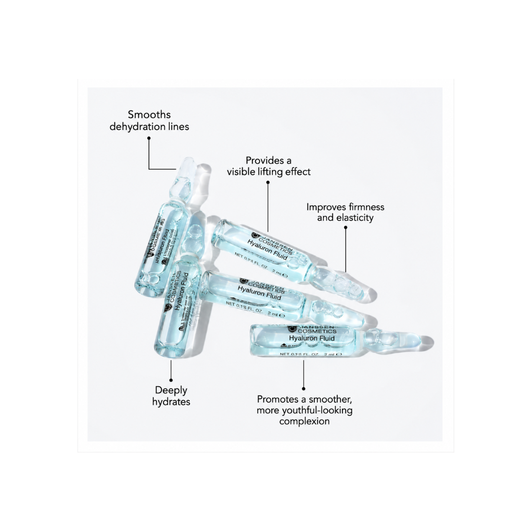 Cosmetic ampoules with text describing their benefits on a light gray background