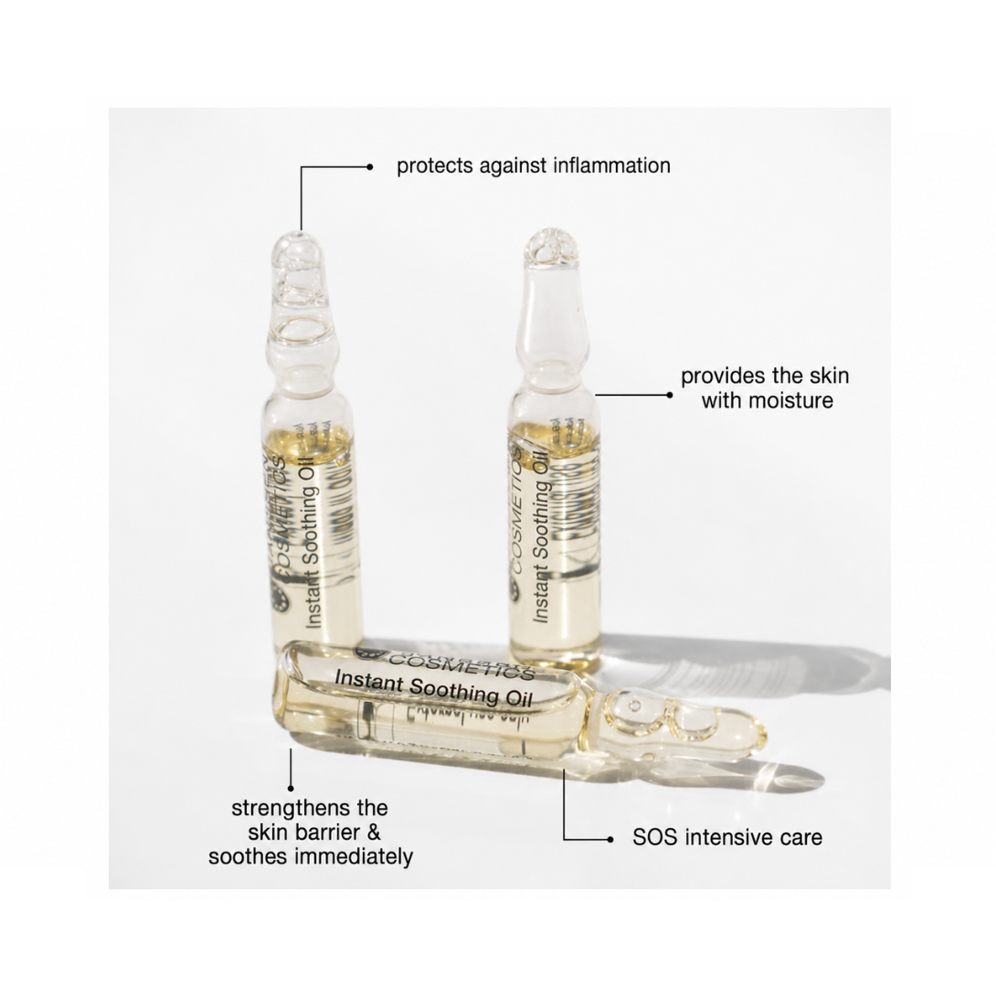 Three ampoules of Instant Soothing Oil with text labels on a white background