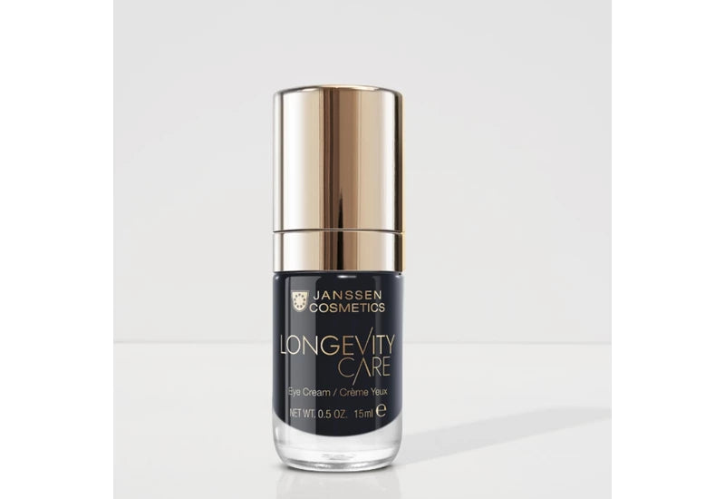 Janssen Cosmetics bottle labeled Longevity Care Eye Cream by Janssen Cosmetics on a white background
