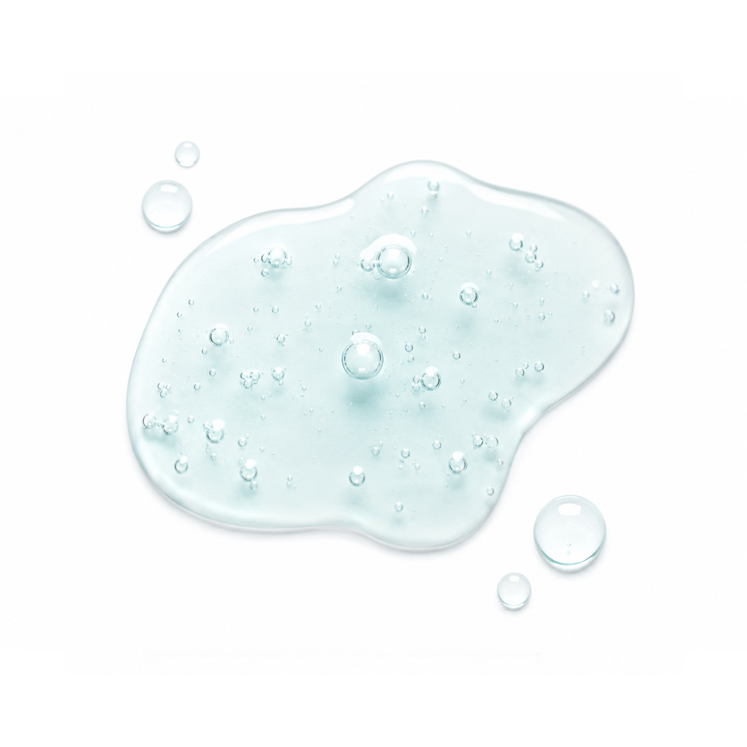 Blue gel-like substance with bubbles on a white background