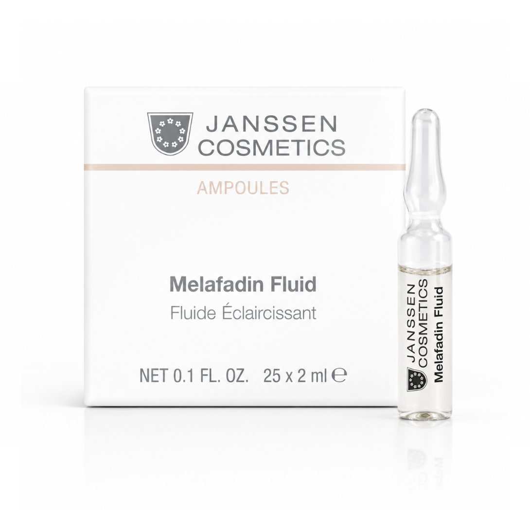 Janssen Cosmetics Melafadin Fluid packaging with ampoule on a white background