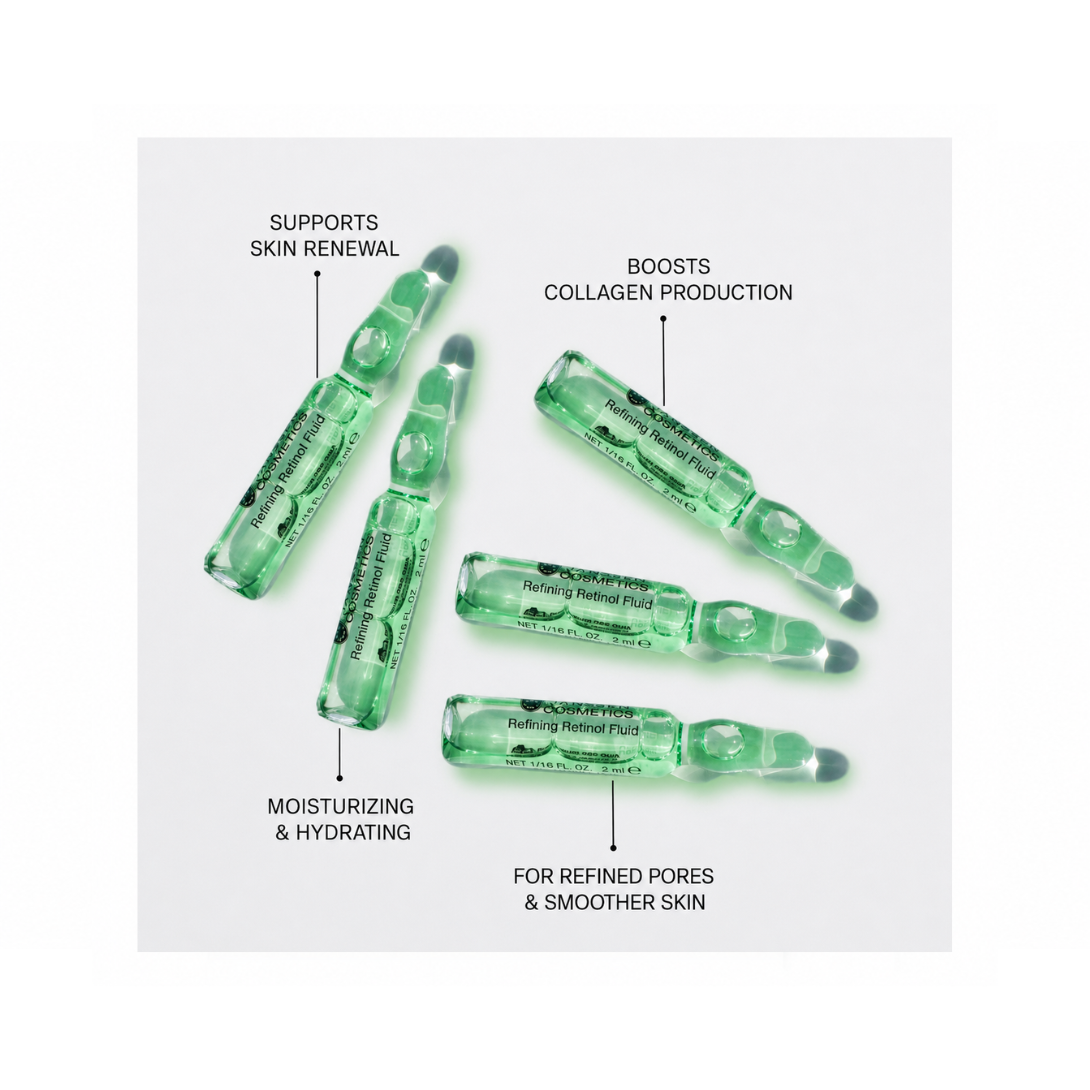 Set of green skincare ampoules with text on a white background