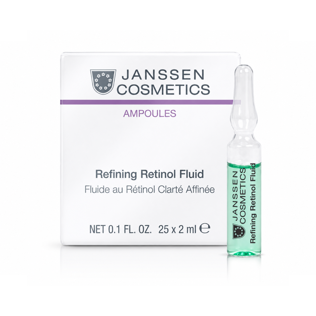 Janssen Cosmetics Refining Retinol Fluid packaging with ampoule on a white background