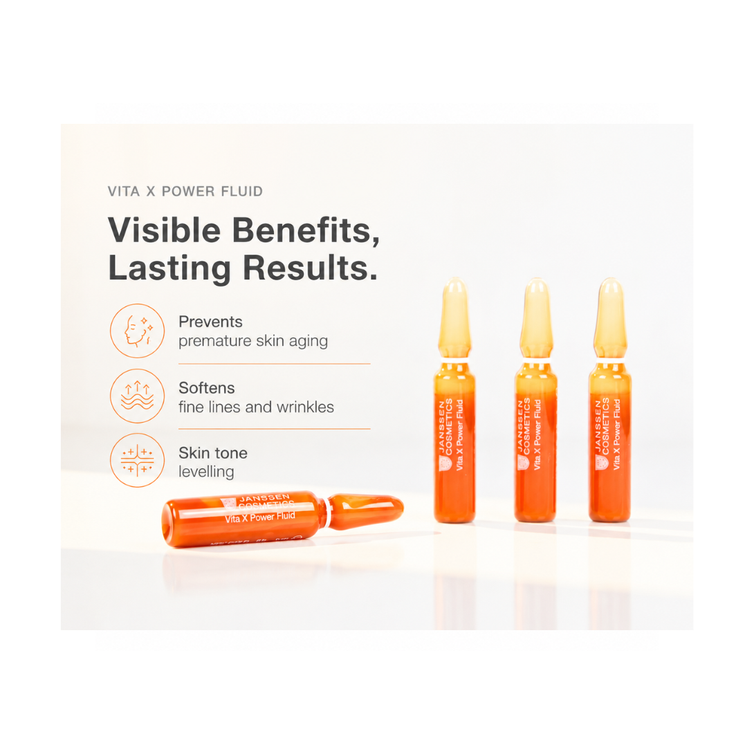 Vita X Power Fluid ampoules with visible benefits on a white background