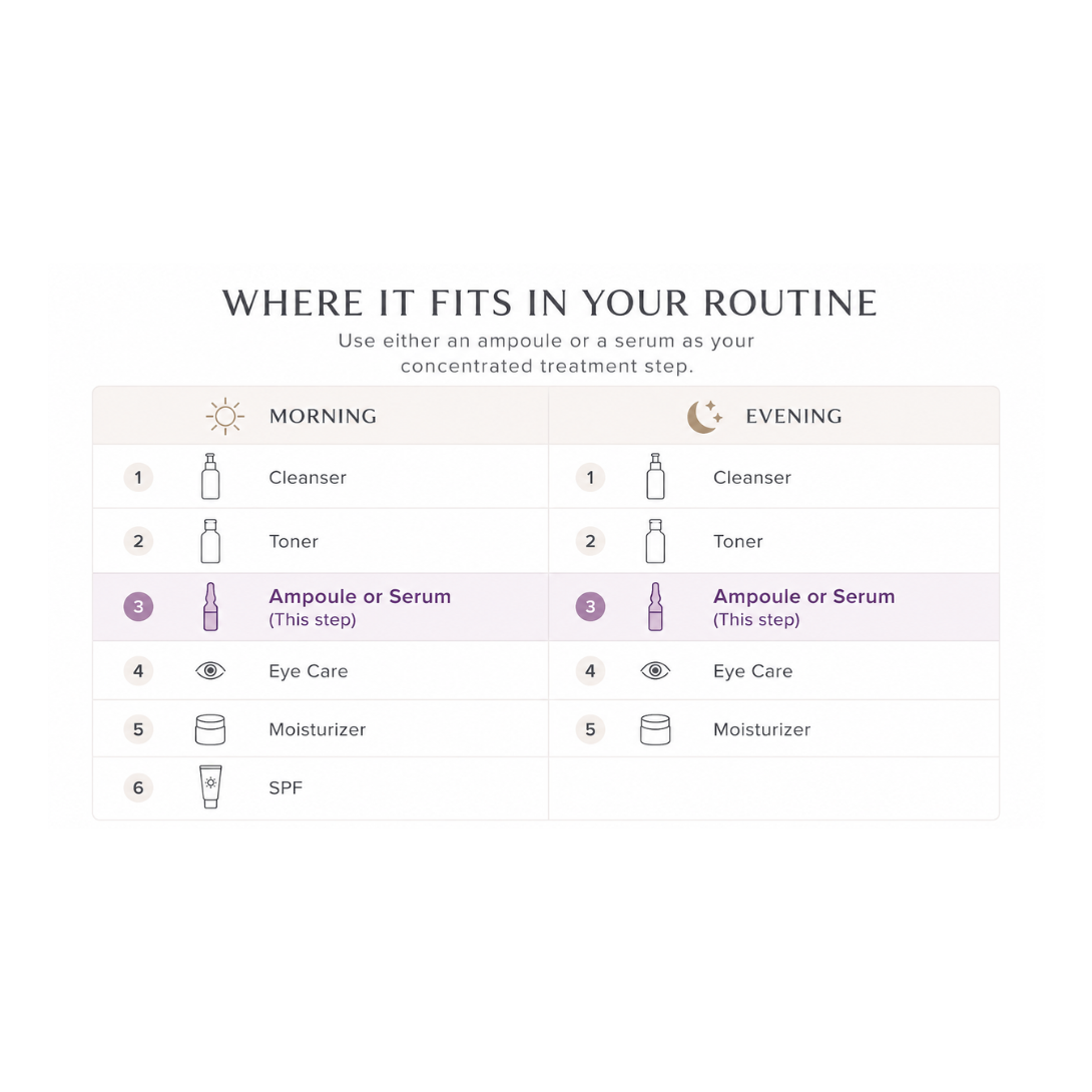 Skincare routine guide with product placements for morning and evening steps.