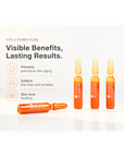 Benefits infographic for Janssen Cosmetics Vita X Power Fluid Ampoules highlighting energized, revitalized-looking skin.